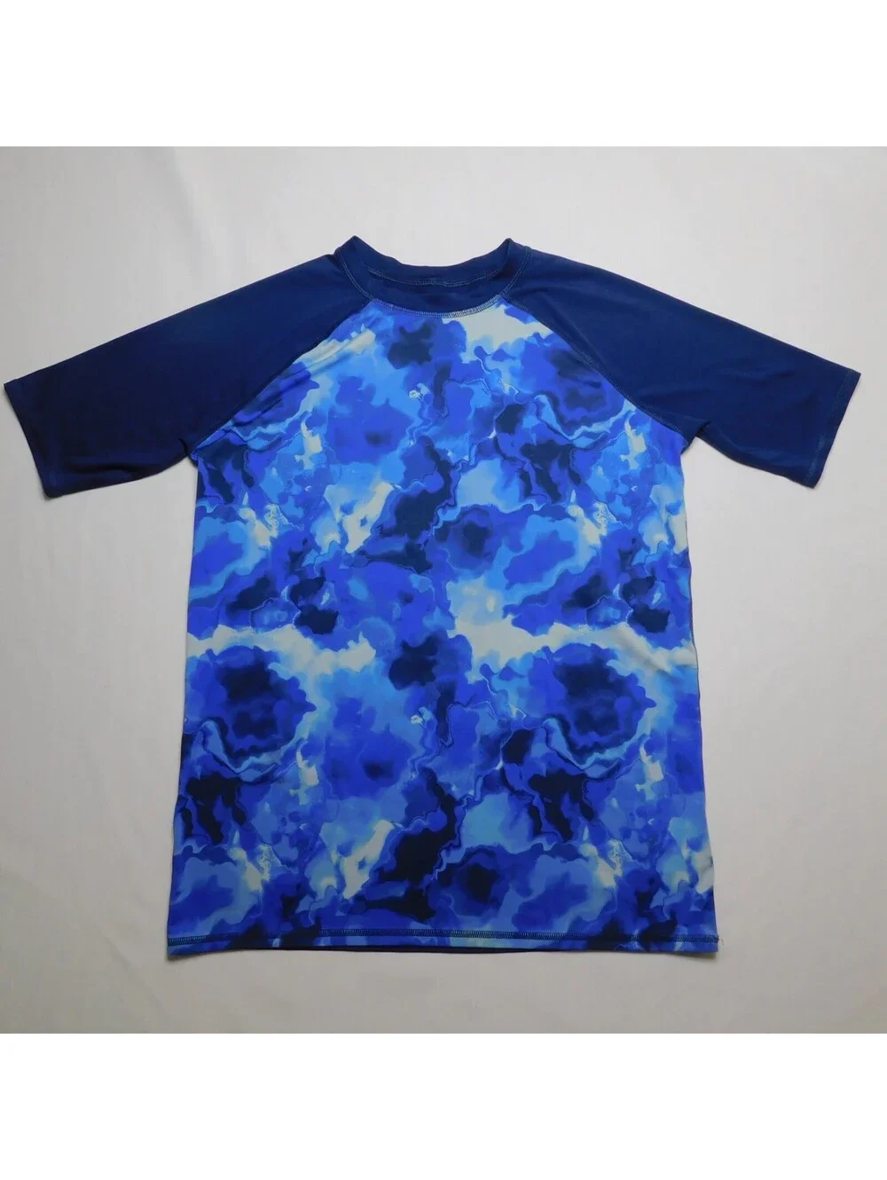 Lands End Rash Guard Shirt Boys XXL 18 20 Blue Camo Short Sleeve Swim Top